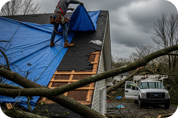 Roofer placing a tarp over a storm-damaged home