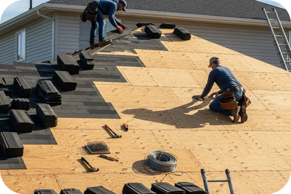 two roofers laying new asphalt shingles