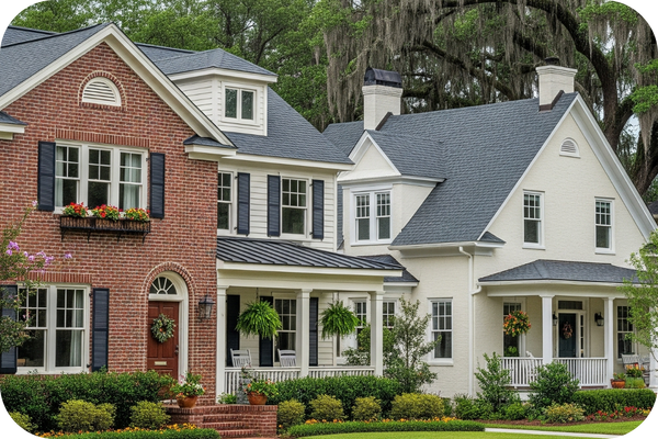 traditional homes and clean rooftops, under a blue sky with light clouds. Spanish moss hangs from trees in the background.