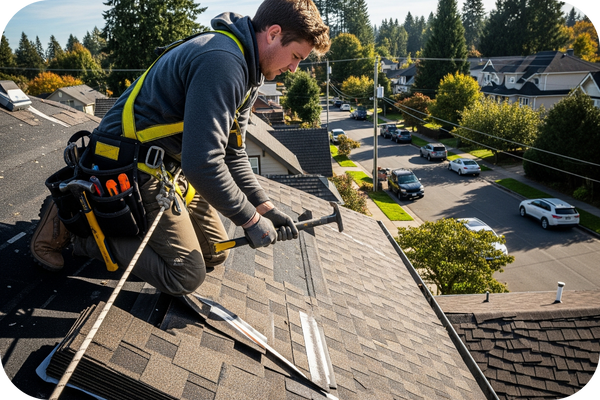 A roofing contractor mid-repair on a pitched roof, replacing shingles