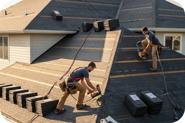 A mid-project roof replacement with new shingles partially installed. Roofing materials are stacked nearby, and workers are using nail guns.