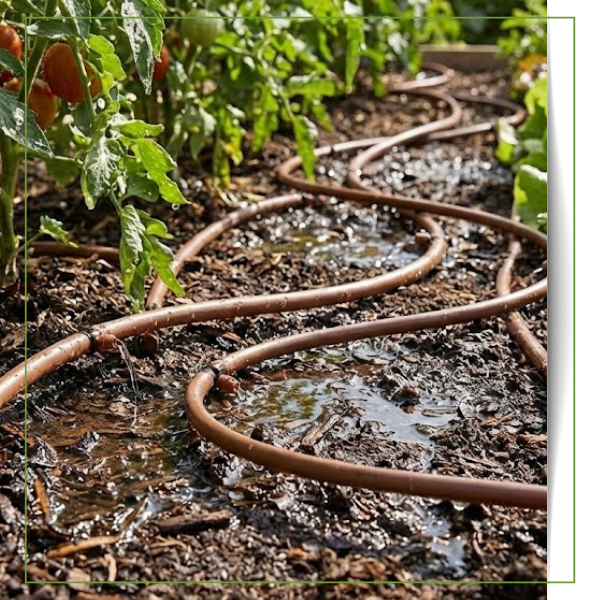 drip irrigation lines watering plants in a garden