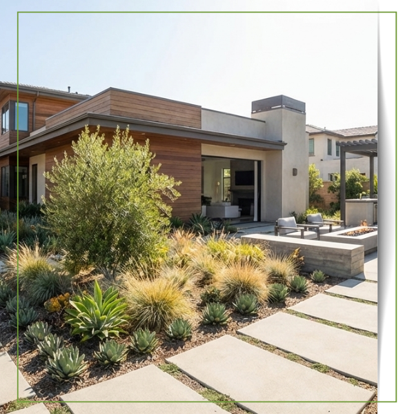 a Playa Vista home's residential landscape with pathways and planting beds