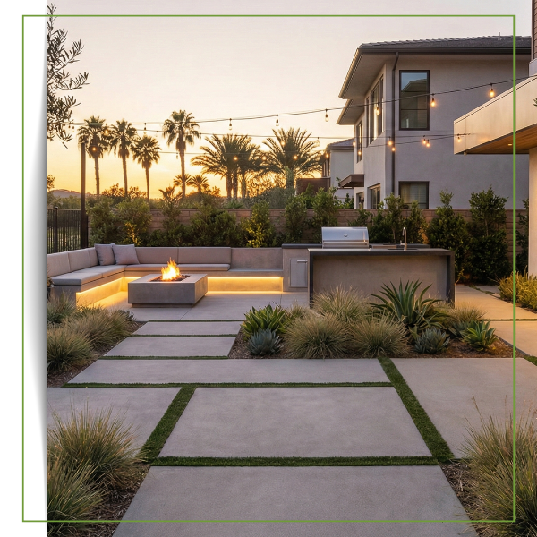 Playa Vista backyard with clean hardscaping, greenery, and soft evening light