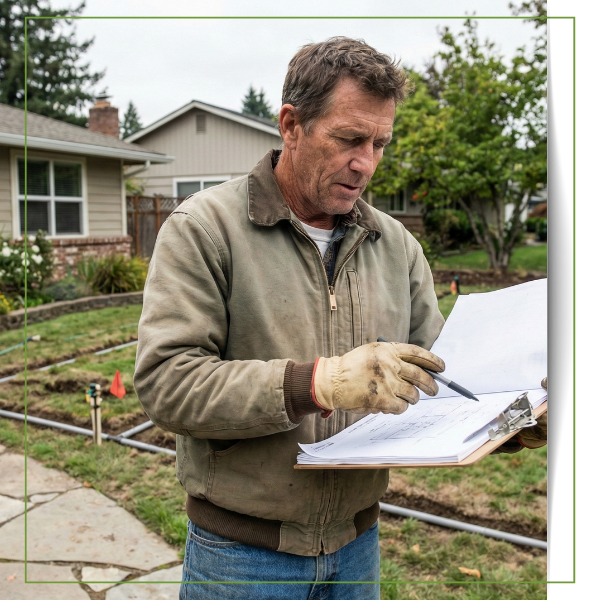 Landscaper reviewing documents