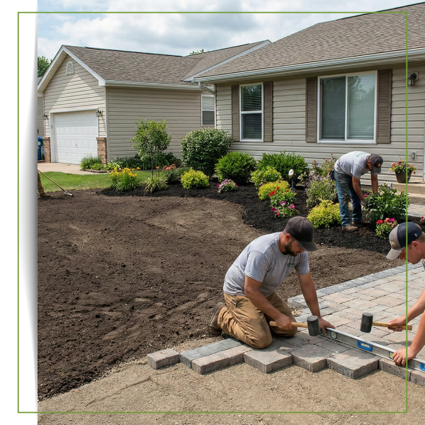 Landscapers installing pavers