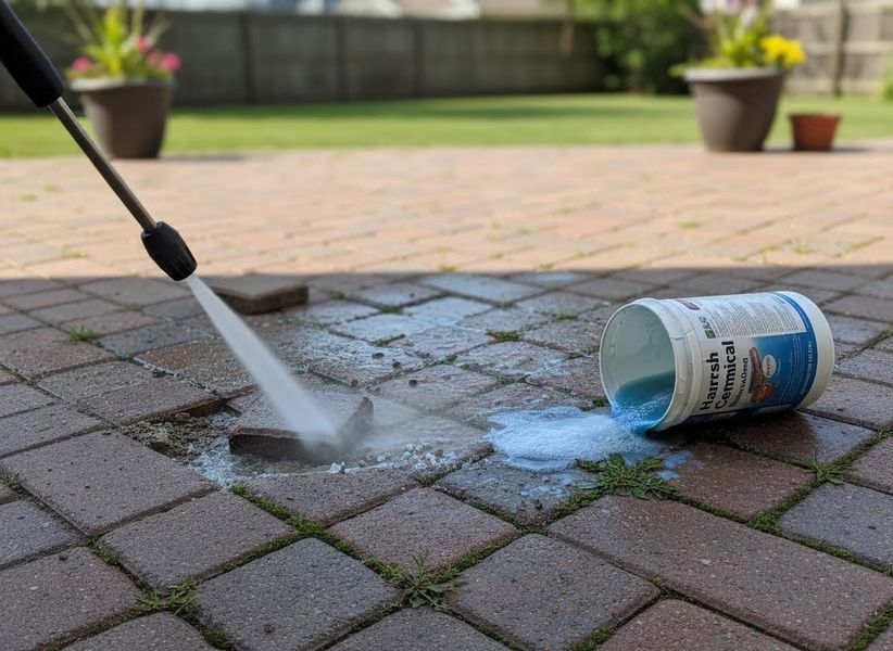 Pressure Washing a Brick Patio with Cleaning Solution Spill