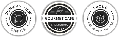 3 trust badges reading: Runway view dining, Gourmet cafe and catering, Proud community partner