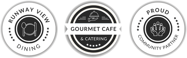 3 trust badges reading: Runway view dining, Gourmet cafe and catering, Proud community partner