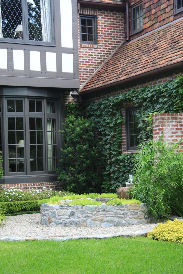 Stone Fountain at Front Entry – Tanglewood English Tudor Home