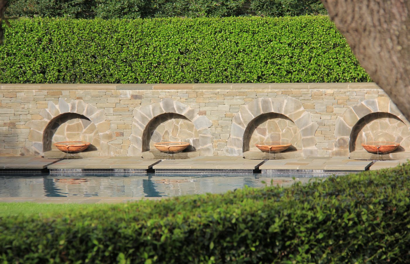 Custom Limestone Water Features with Spillways – River Oaks Pool