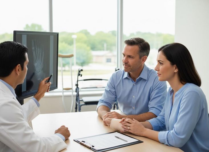 Doctor reviews foot X-ray with a patient and his partner
