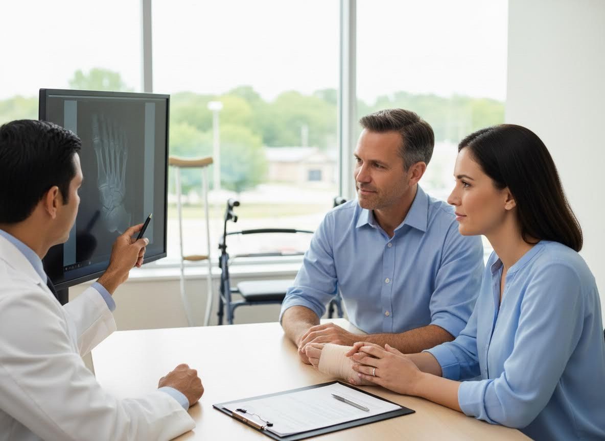 Doctor reviews foot X-ray with a patient and his partner