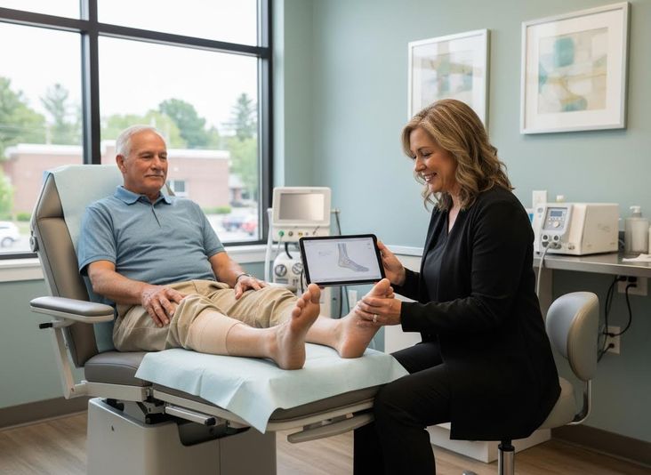Medical Professional Examining Patient's Foot with Digital Aid