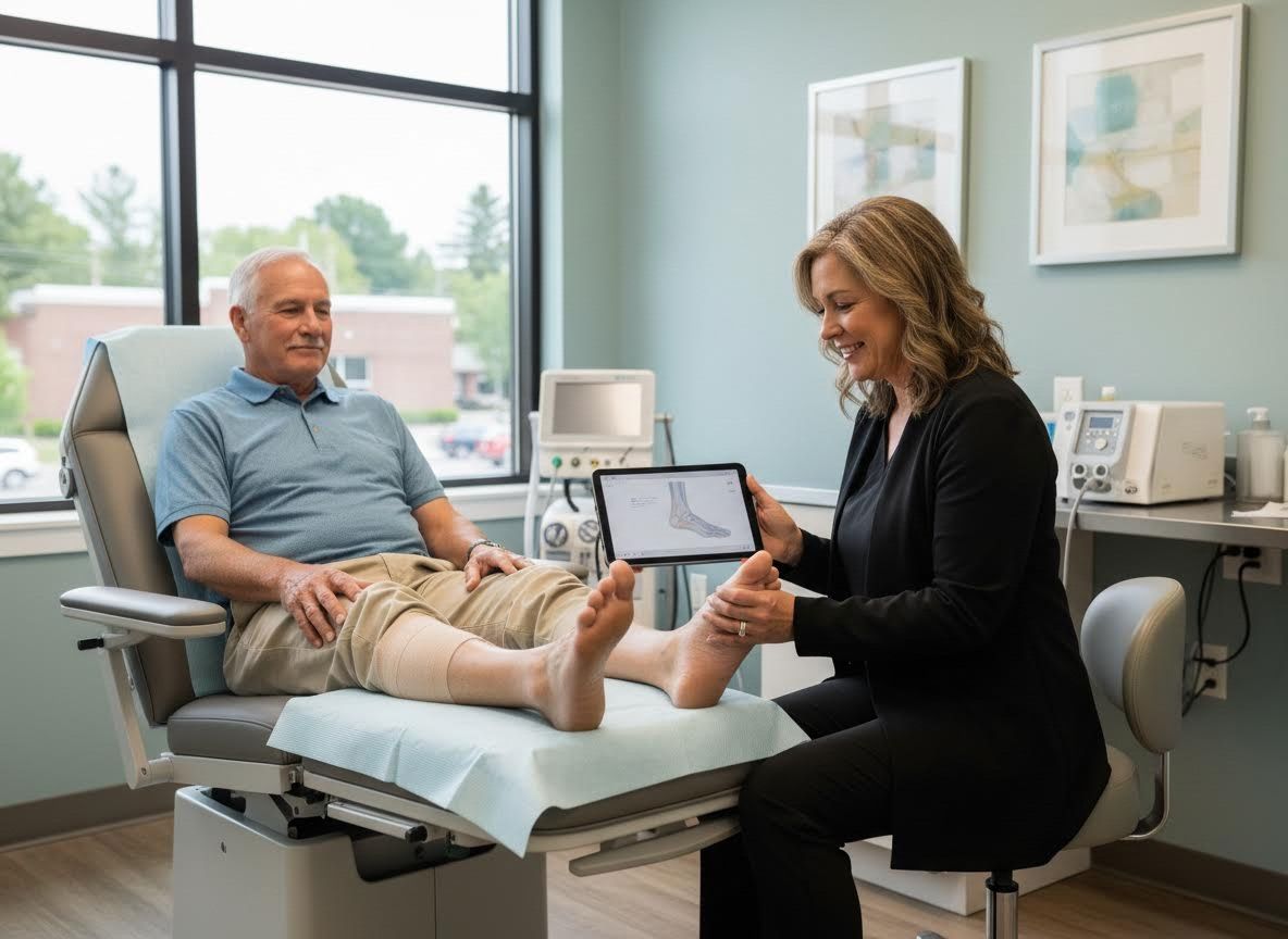 Medical Professional Examining Patient's Foot with Digital Aid