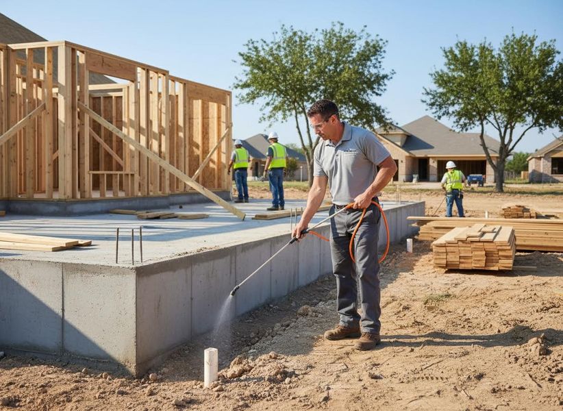 A worker applies pest control treatment to the concrete foundation of a new house under construction on a sunny day. Man applying pest control treatment to a new house foundation