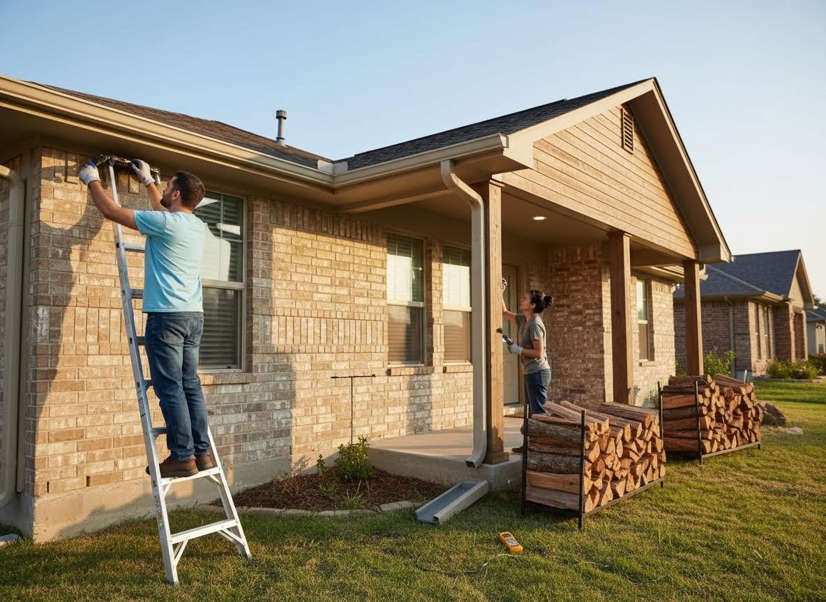 Couple doing home maintenance on a brick house