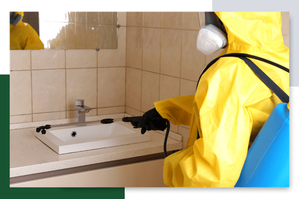 pest control tech spraying a bathroom sink