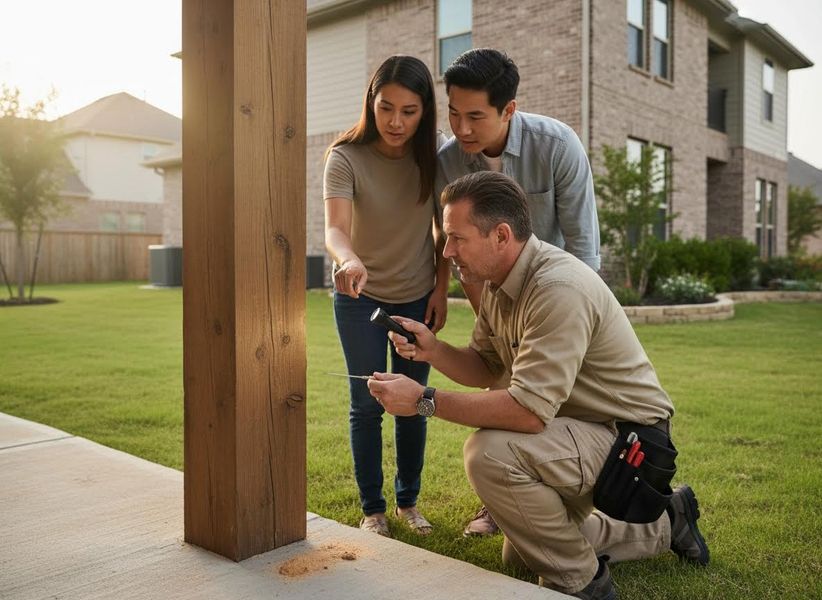 A pest control technician examines a wooden porch post for damage with a flashlight as a concerned couple observes the inspection. Pest control inspection of wooden porch post