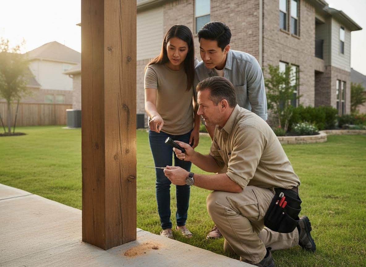 Pest control inspection of wooden porch post