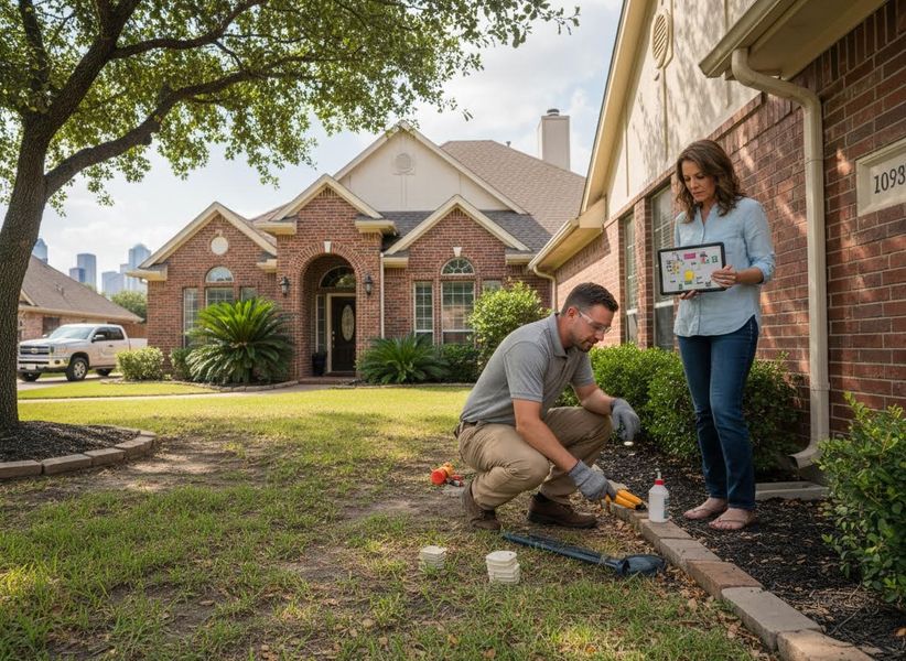 A man in safety glasses applies liquid to a lawn pest control station while a woman holds a tablet showing a property map. Professional applying pest control treatment while homeowner reviews a digital plan