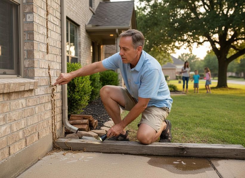 A man crouches, pointing at mud tubes on a brick house wall with a flashlight, inspecting for termites. A family is in the background. Man inspecting house for termites