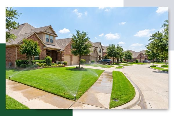 Texas suburban neighborhood with green lawns, irrigation systems, concrete foundations