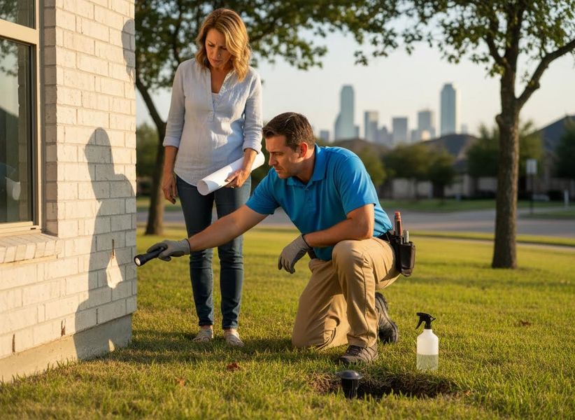 A pest control technician inspects a home's foundation with a flashlight, observed by a woman. A city skyline is in the background. Pest Control Inspection at a Residential Home