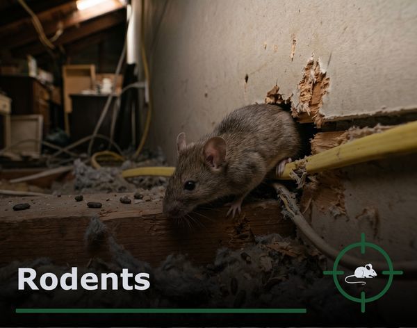 a mouse squeezing through a small gap near household wiring in an attic
