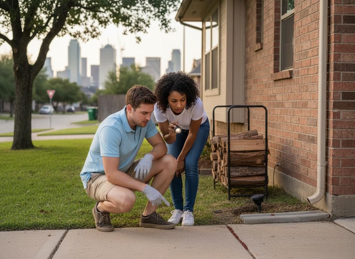 Couple inspecting home exterior with flashlight