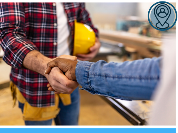 image of contractor and home owner shaking hands - icon of gps pin