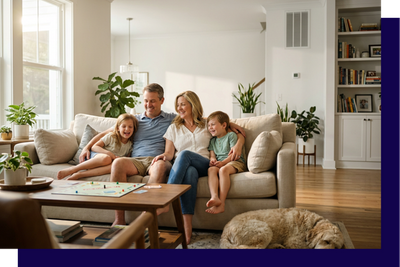 Family smiling on couch