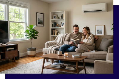 couple smiling on couch reading book