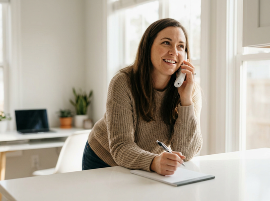 Woman Talking on Phone and Writing Notes