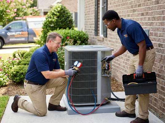 HVAC Technicians Inspecting Residential AC Unit