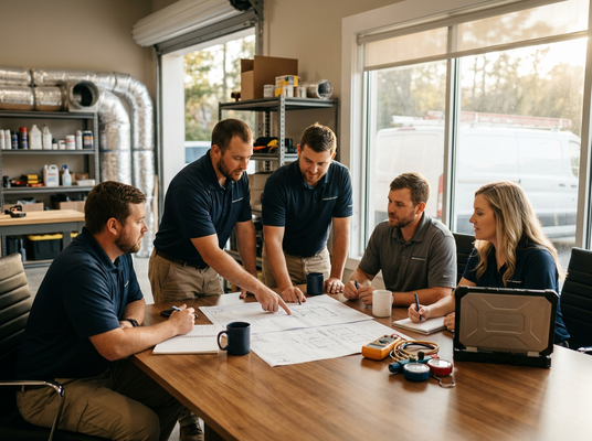 Team of professionals reviewing blueprints at a conference table