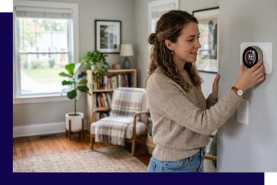 women turning thermostat