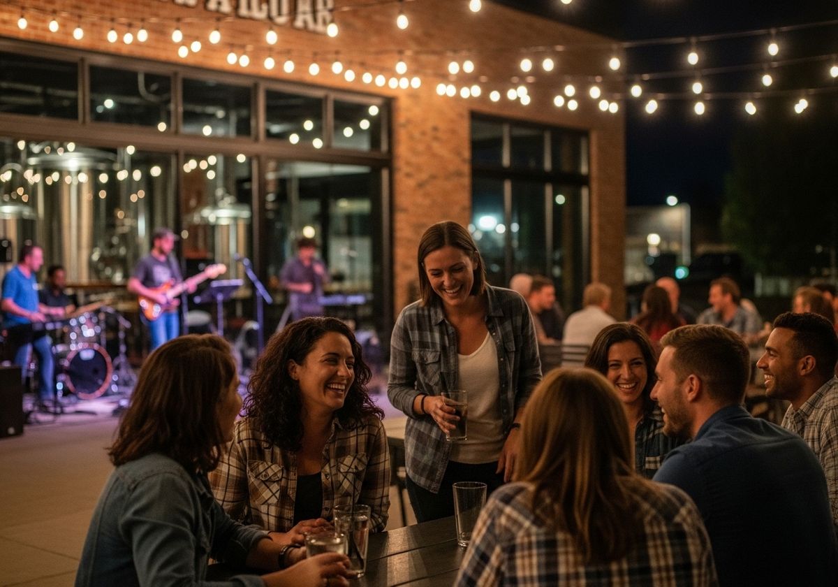 Friends enjoying live music at an outdoor brewery