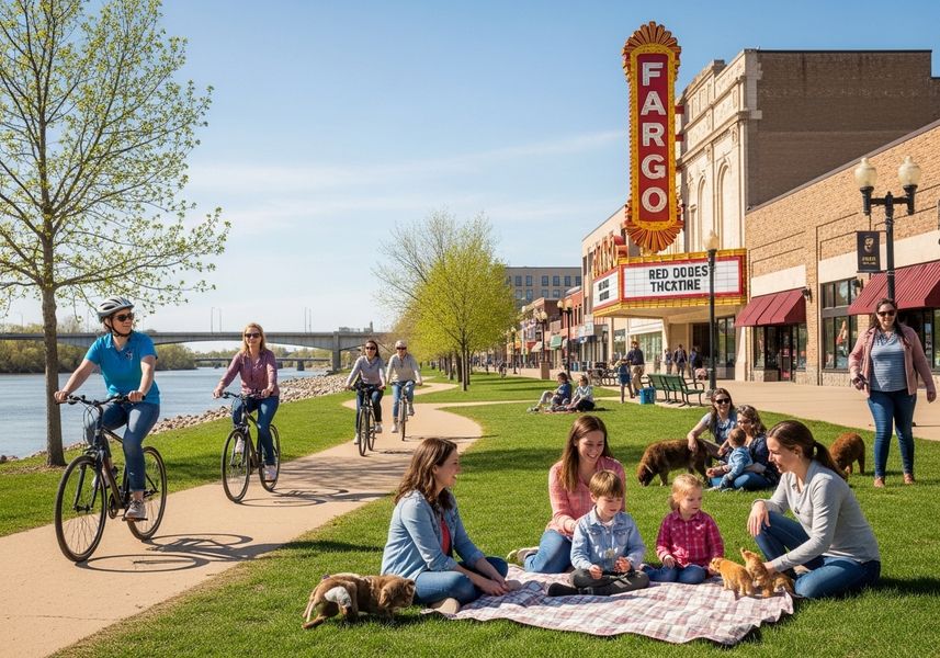 A vibrant scene unfolds on a sunny day in Fargo, North Dakota. A group of women cycle along a path beside the Red River, with a bridge visible in the distance. In the foreground, families picnic on the lush green grass, some with their dogs, while others relax and soak up the atmosphere. The iconic Fargo Theatre stands tall in the background, adding a touch of nostalgia to the lively park scene. People enjoying a sunny day at a Fargo park