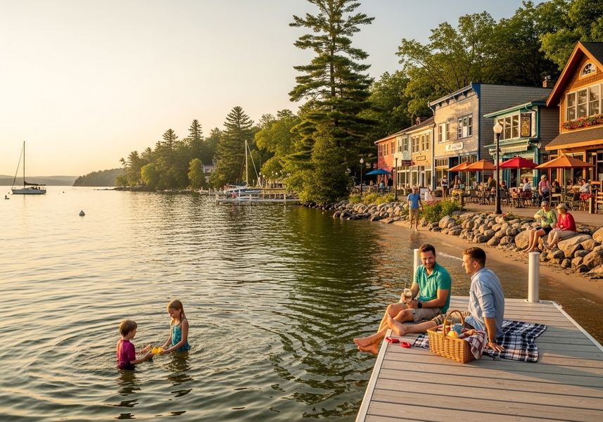 A scenic view of a sunset at a lakeside town, featuring a group of people enjoying the tranquil atmosphere. Two children are playing in the water near a dock, where two adults relax with a picnic basket. In the background, a charming row of shops and restaurants line the shore, complete with outdoor seating and colorful umbrellas, offering a vibrant backdrop to the serene lake scene. Sunset on Lake Dock with People