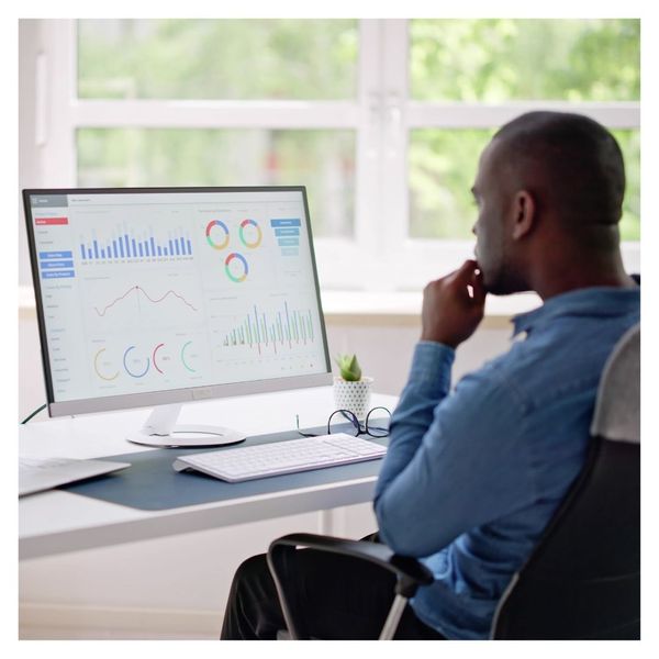 man evaluating graphs and charts on computer