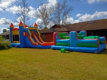 $219 Large castle bounce house with double waterslide with basketball hoop with obstacle course 46 ft long app