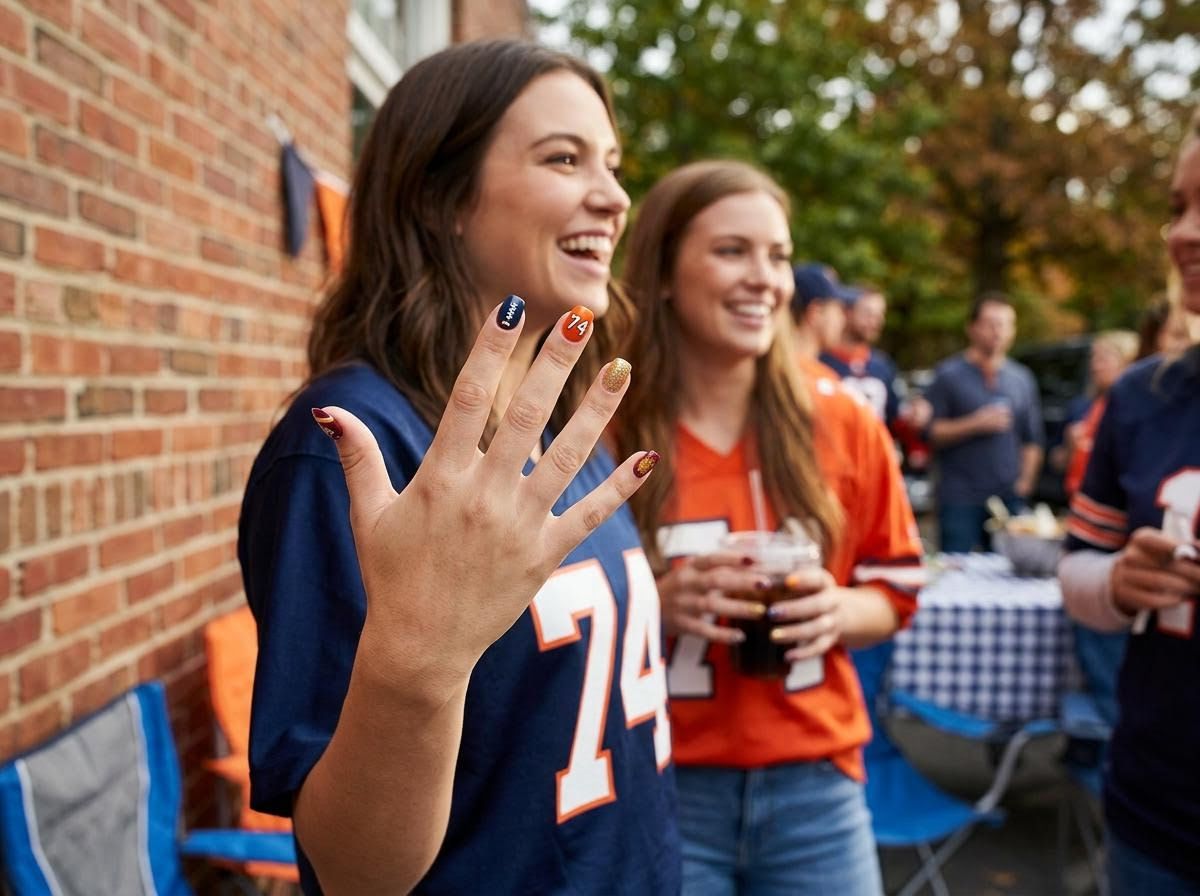 Woman showing team spirit with custom nail art at a tailgate
