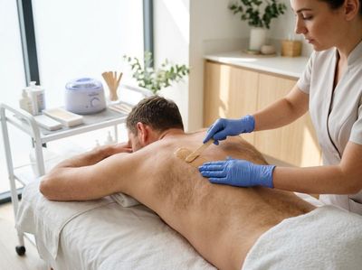 Man receiving back waxing treatment at a salon