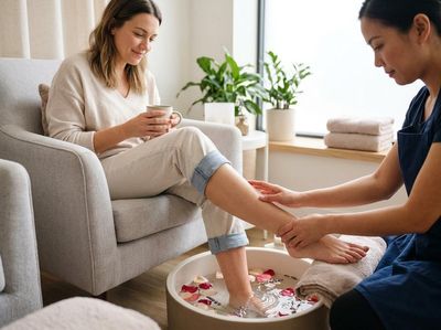 Woman enjoying a relaxing foot spa
