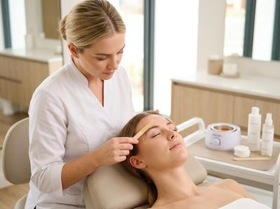 Beautician performing eyebrow waxing on a client