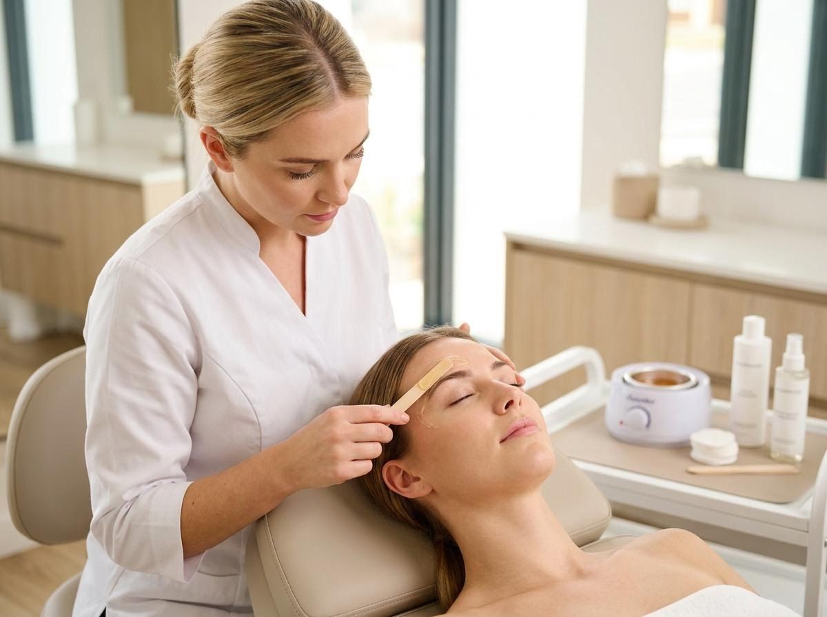 Beautician performing eyebrow waxing on a client