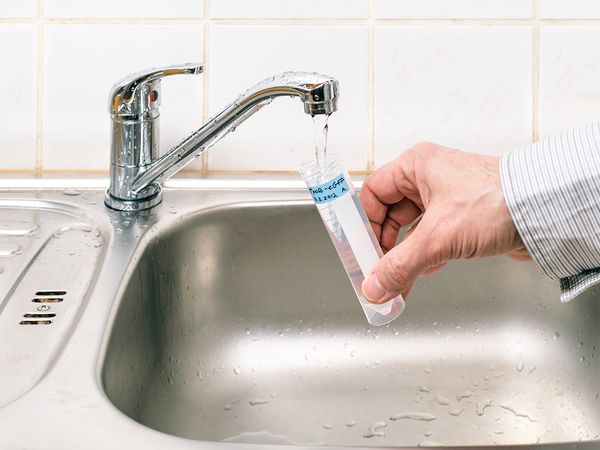 Man performing water analysis from sink tap