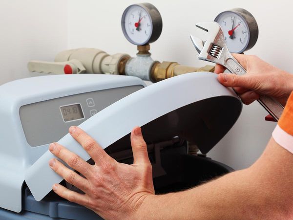 Man holding a wrench and opening a water softener unit