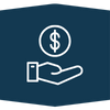An icon of a hand holding a coin with a dollar sign, set against a dark blue background.